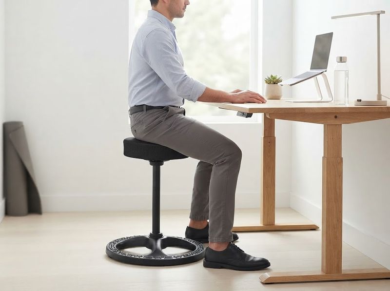Black Upaloop stool on oak flooring, splayed base in focus