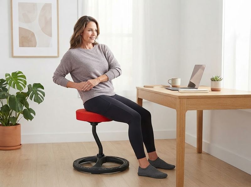 Orange Upaloop stool beside a raised sit-stand desk