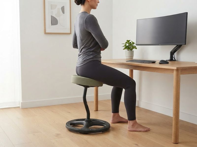 Moss green round stool tucked under a narrow desktop
